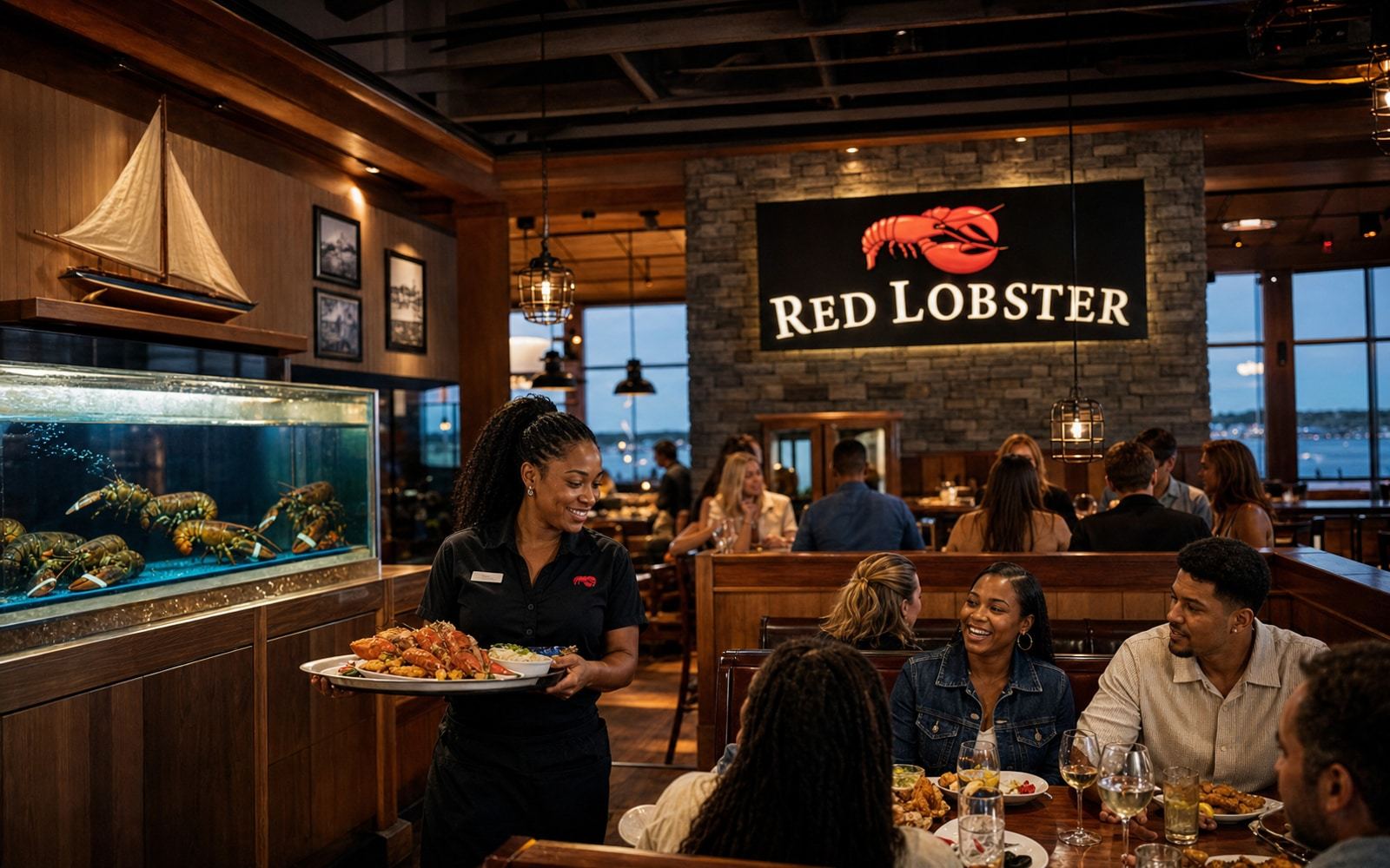 An active Red Lobster restaurant interior at evening with guests, seafood service, lobster tank, and realistic current signage.