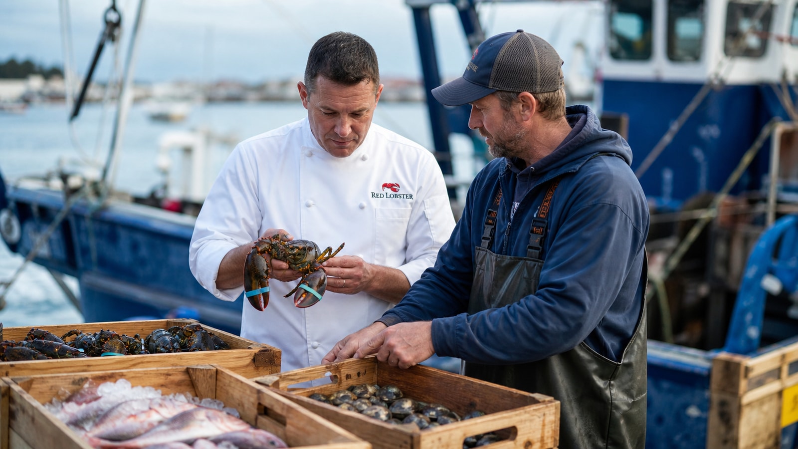 Red Lobster chef and seafood supplier inspecting lobster at a working harbor.