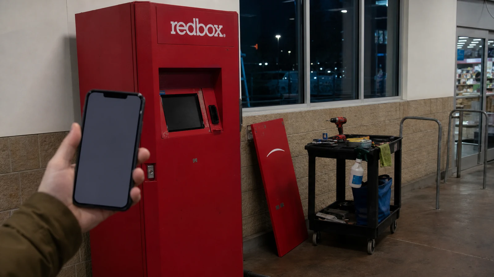 A Redbox kiosk with a blank phone app screen, service cart, loose panel, and disc cases showing the digital and physical service shutdown together.