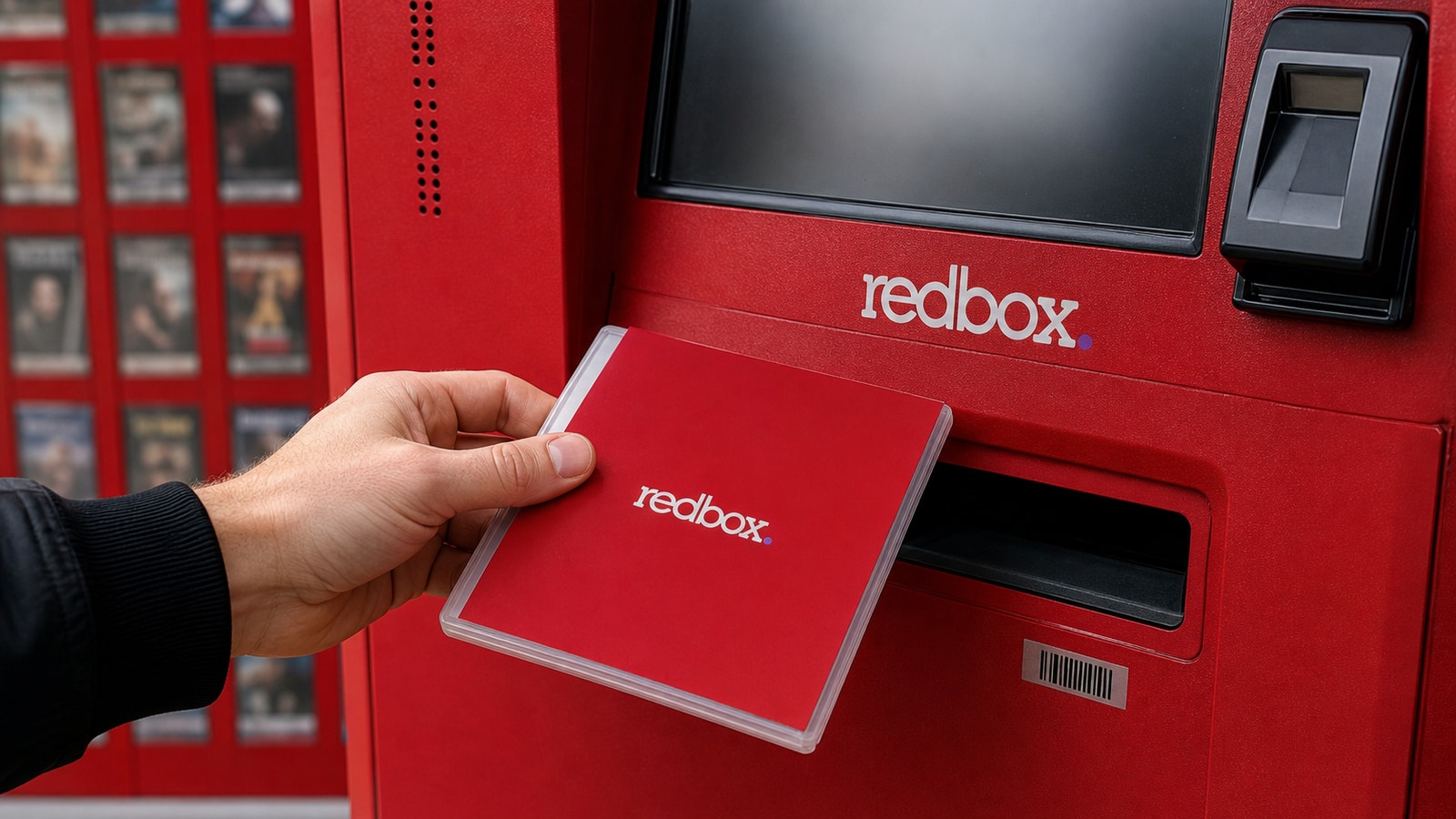 A close view of a red Redbox disc case, final period mark, scanner, and return slot on a powered-down kiosk.