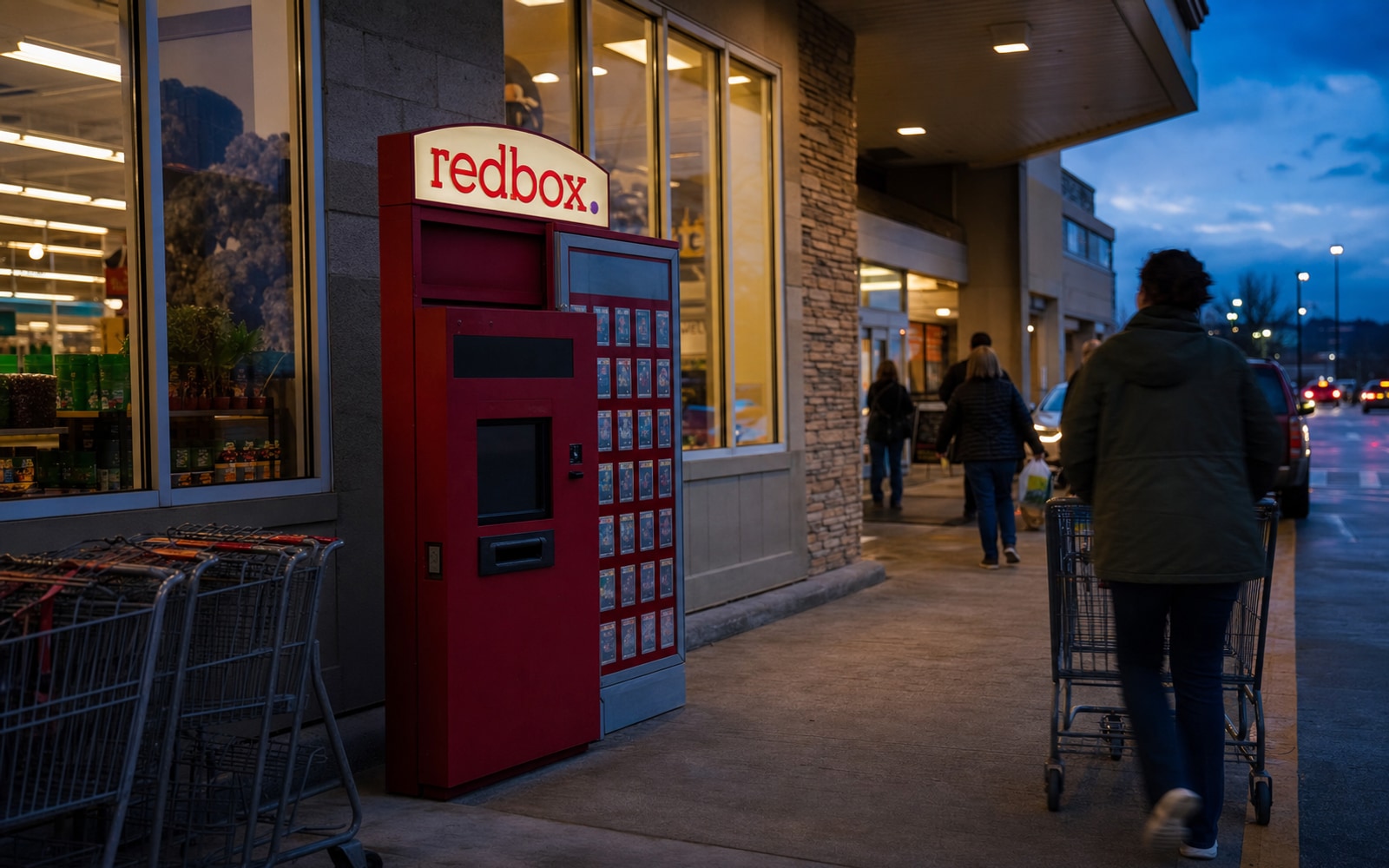 A powered-down but intact Redbox kiosk outside a U.S. store at blue hour with the final red wordmark and purple period.