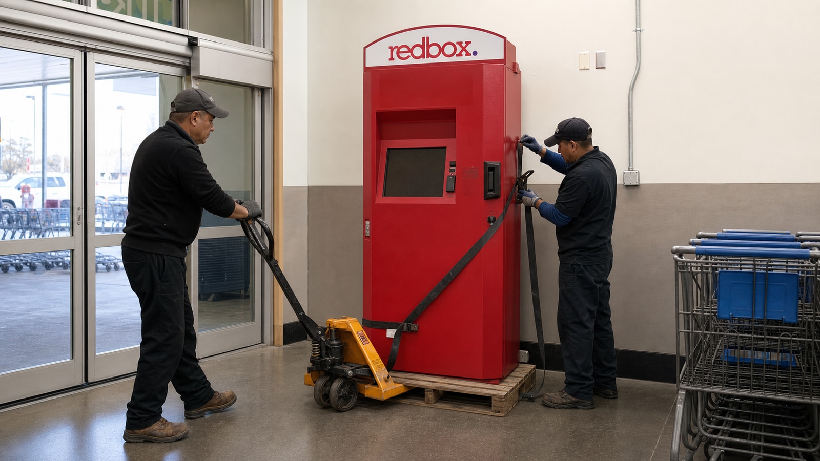 Technicians safely removing a powered-down Redbox kiosk from a supermarket vestibule after operations ended.