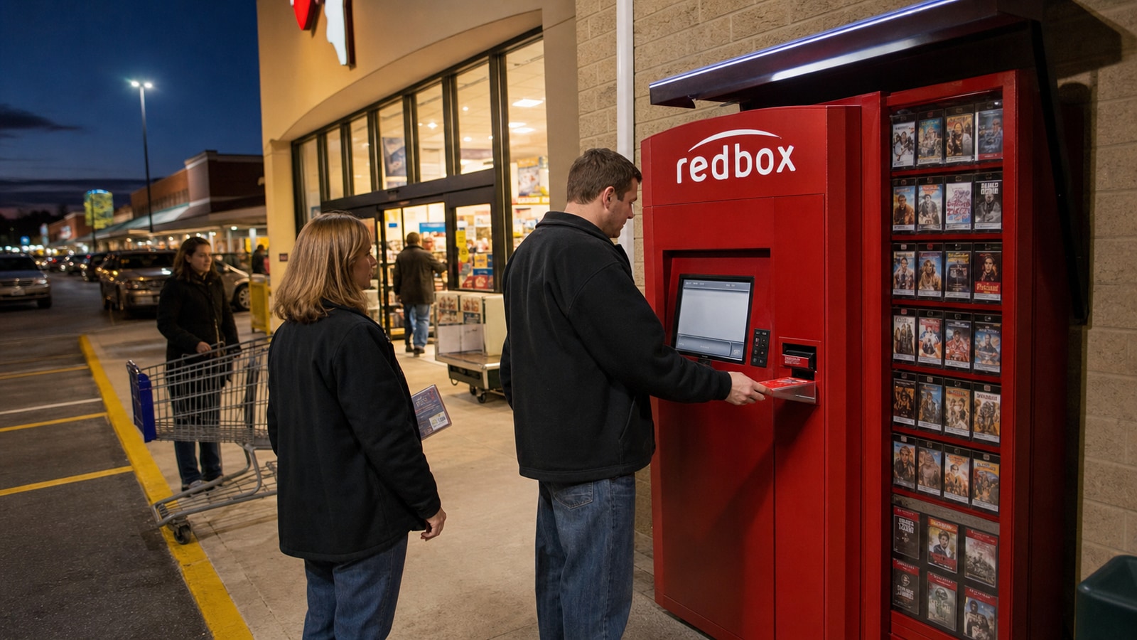 A clearly historical 2007 customer returning a disc at an early arc-mark Redbox kiosk outside a busy supermarket.