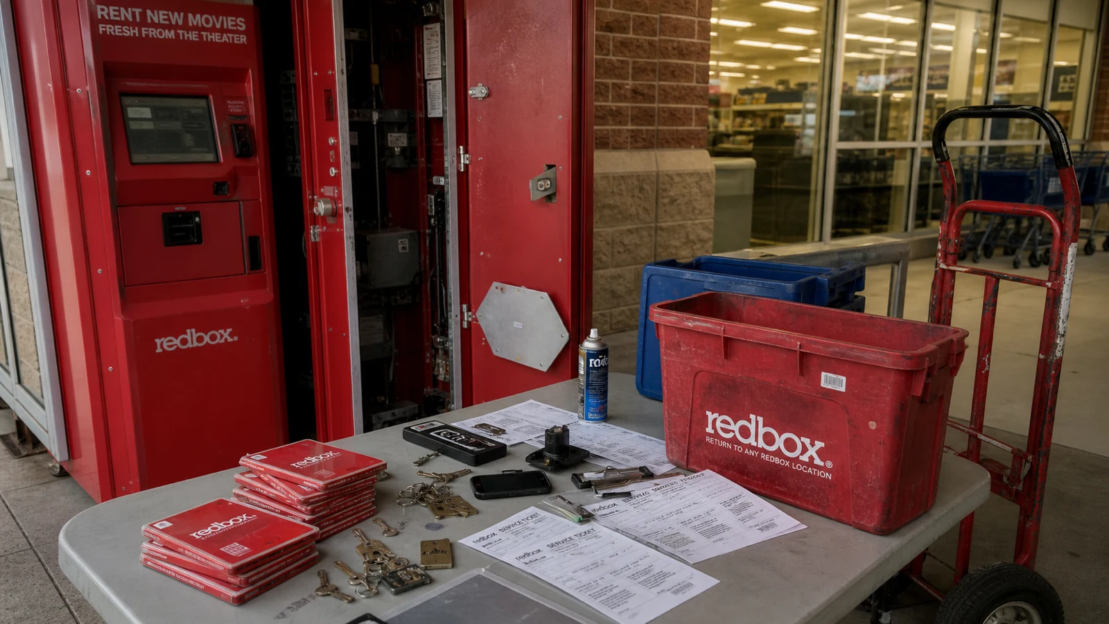 A powered-down Redbox kiosk service closeout with disc cases, maintenance keys, service tickets, return bins, and removal equipment at a store entrance.