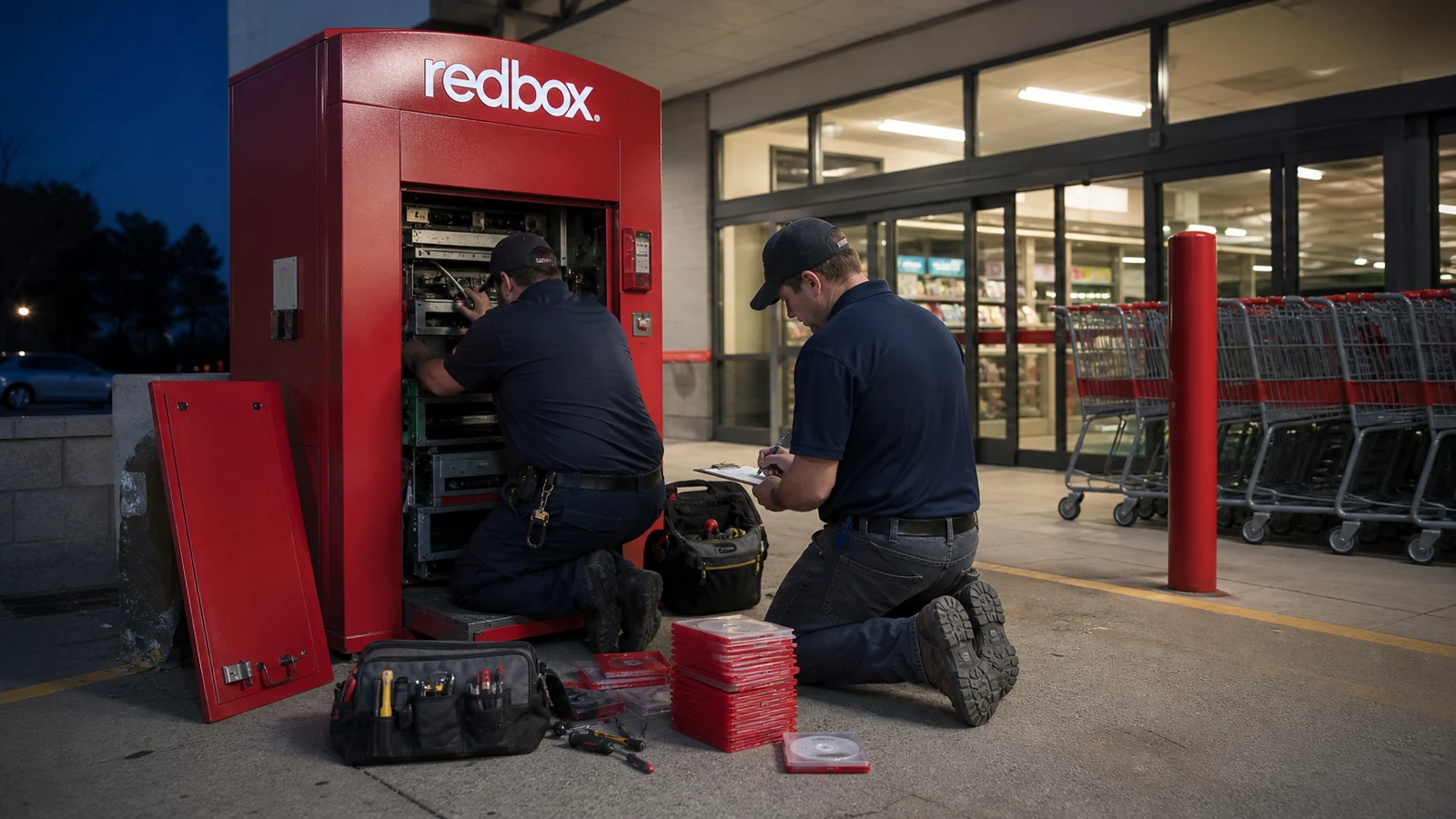 Technicians closing a Redbox kiosk outside a store at night with tools, red disc cases, and visible final-period Redbox signage.