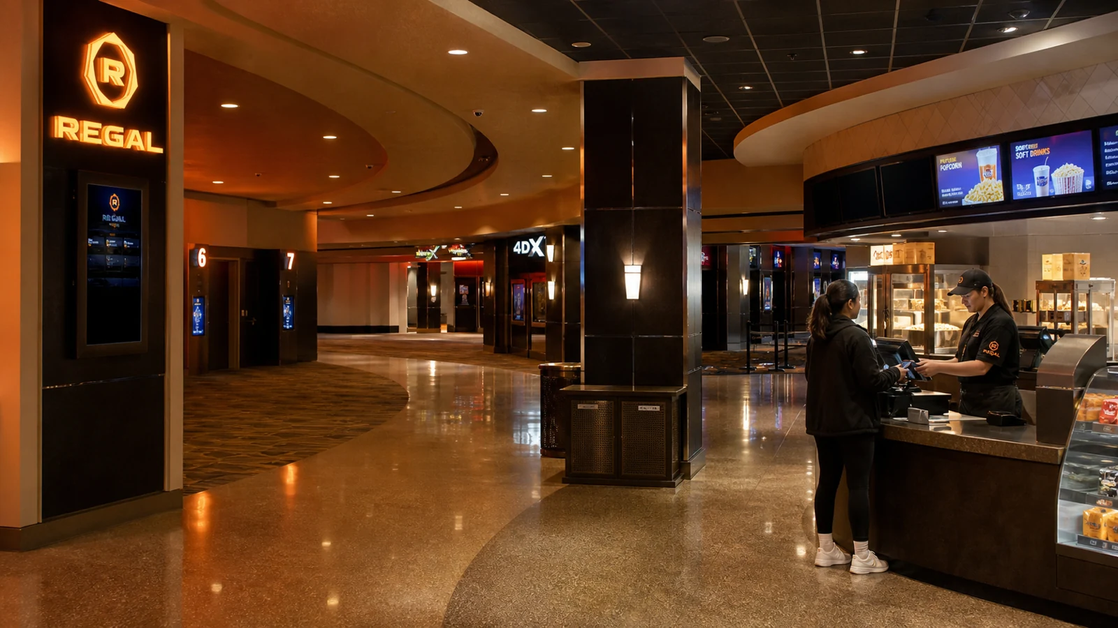 A Regal lobby pressure scene with orange signage, premium-format wayfinding, ticket counters, and quiet foot traffic inside a large cinema space.