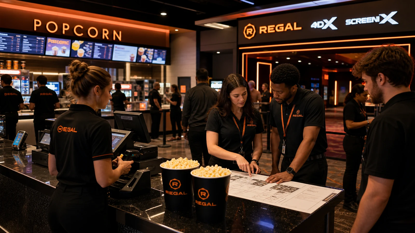 A current Regal lobby operations scene with staff, concession, ticket scanning, premium-format entrance signage, popcorn tubs, and evening movie traffic.
