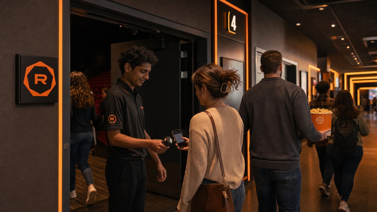 A current Regal employee scanning a guest's mobile ticket beside orange aperture-crown wayfinding.