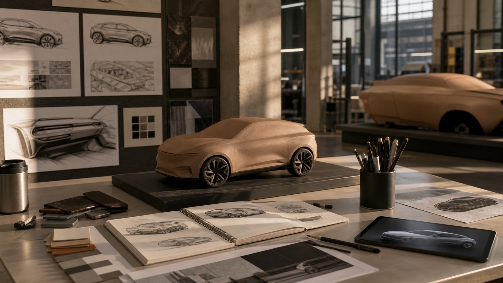 Renault automotive design studio with a clay model, sketches, and material studies.
