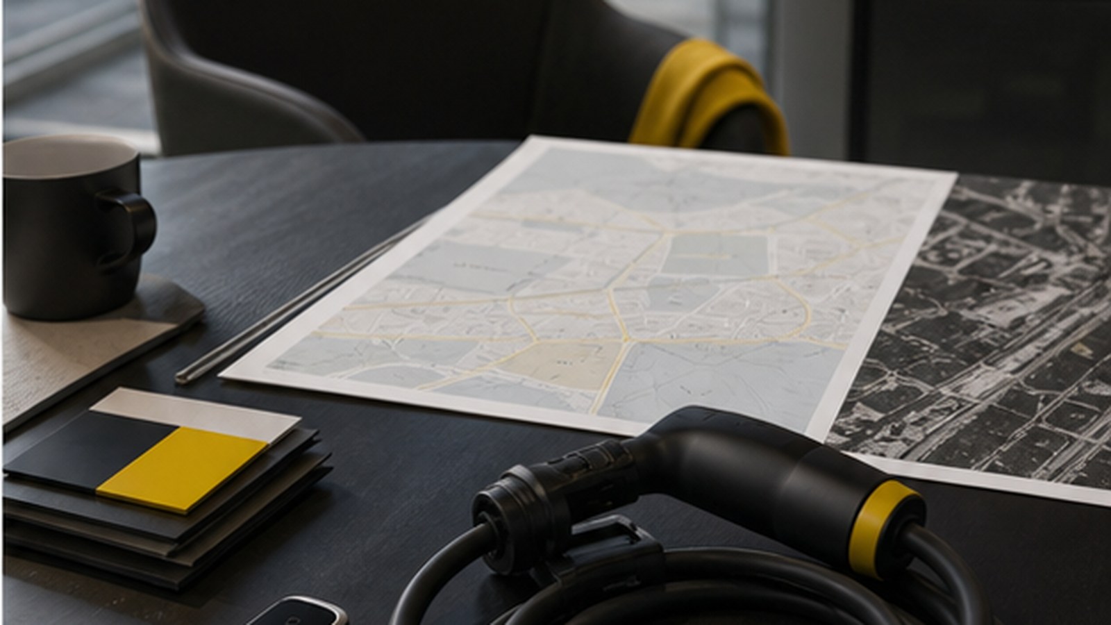 A driver plans an electric journey beside a public charging point.