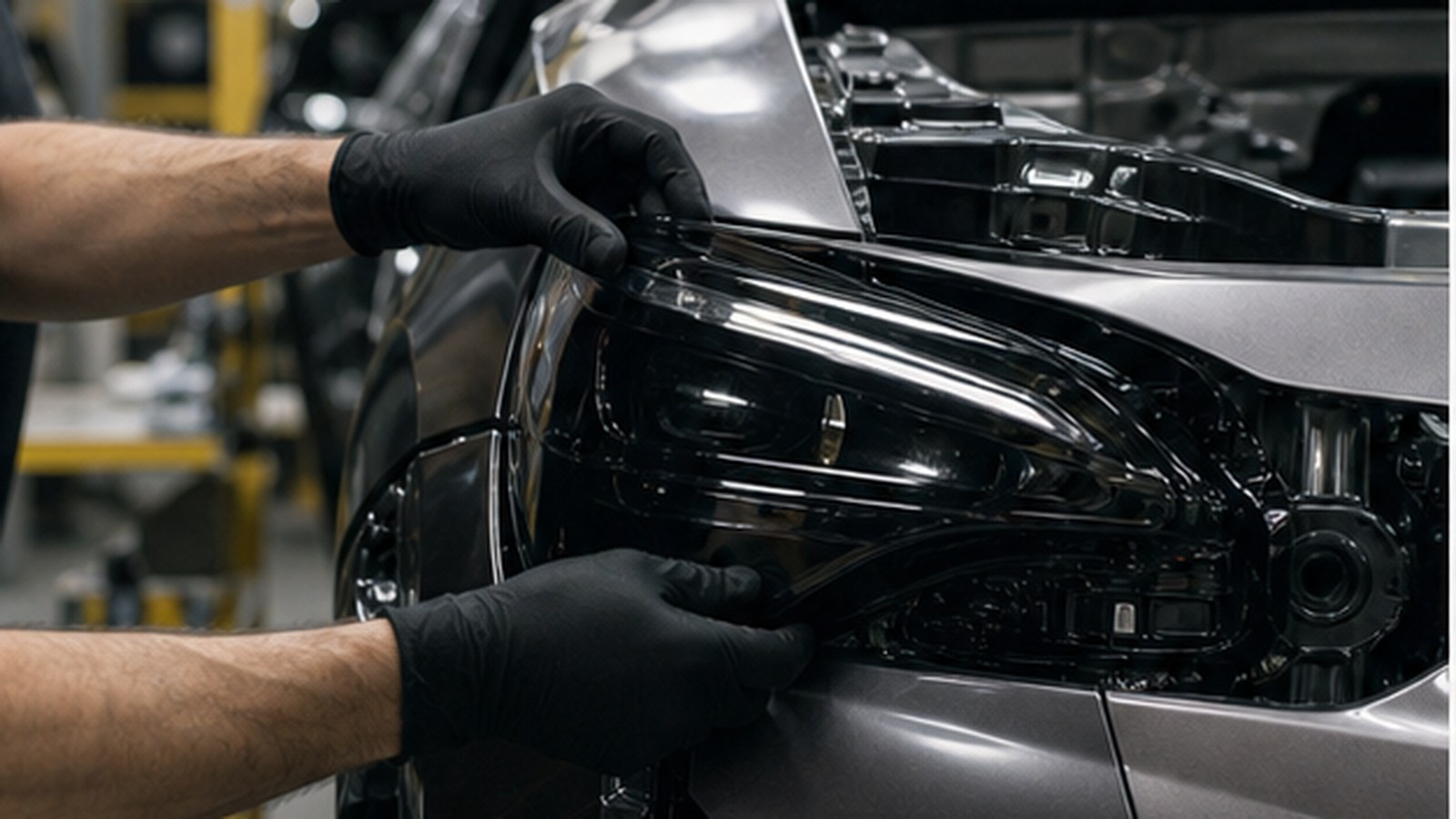 A technician inspects vehicle assembly details on a production line.