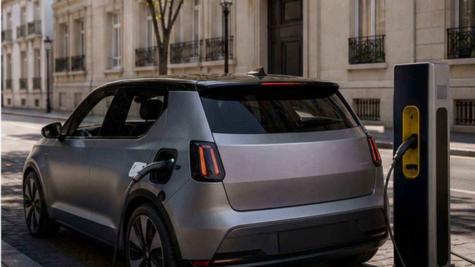 An electric hatchback charging on a city street.