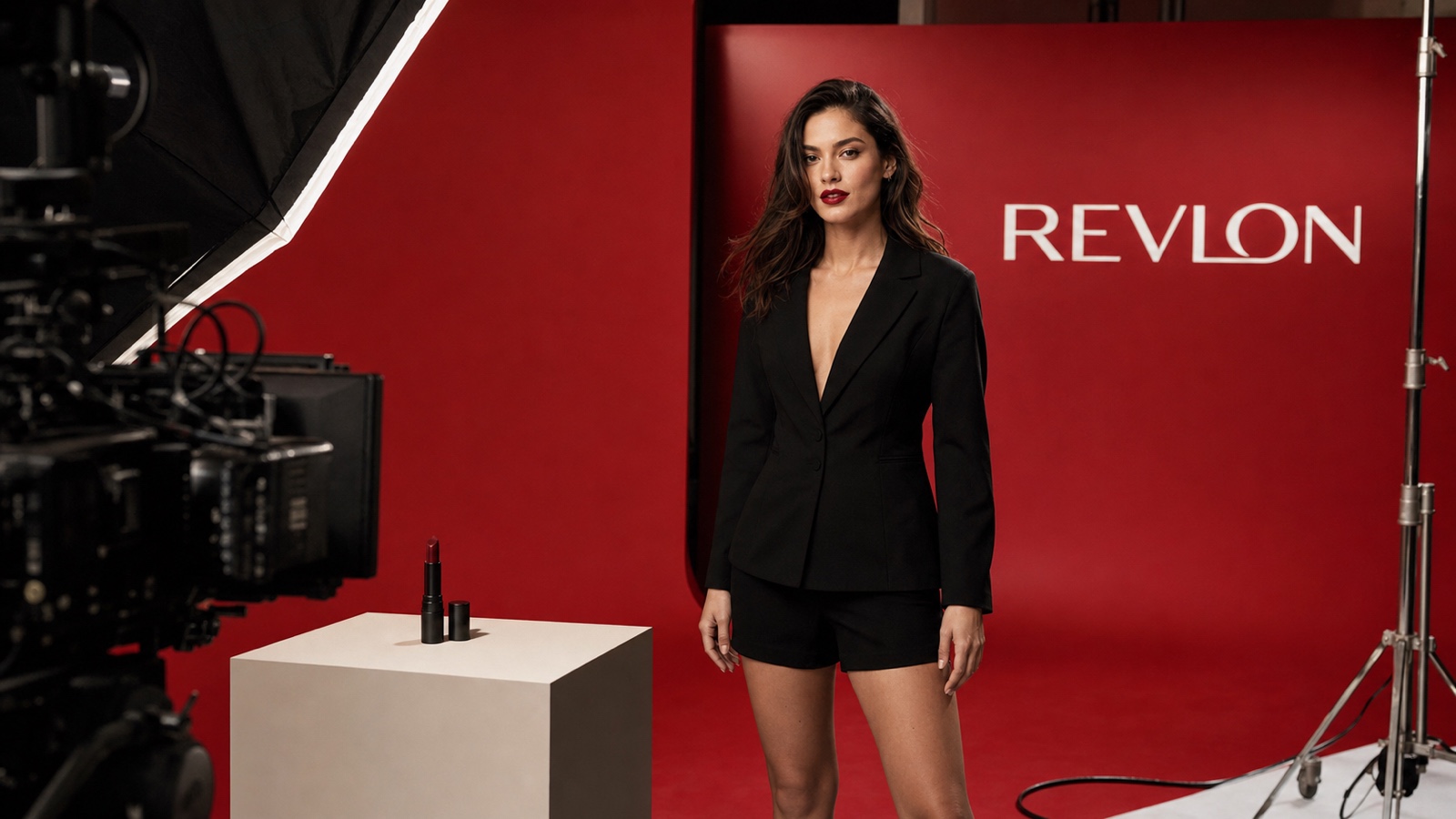 A modern Revlon campaign set combining current product, lacquer red, and restrained references to its Unforgettable heritage.