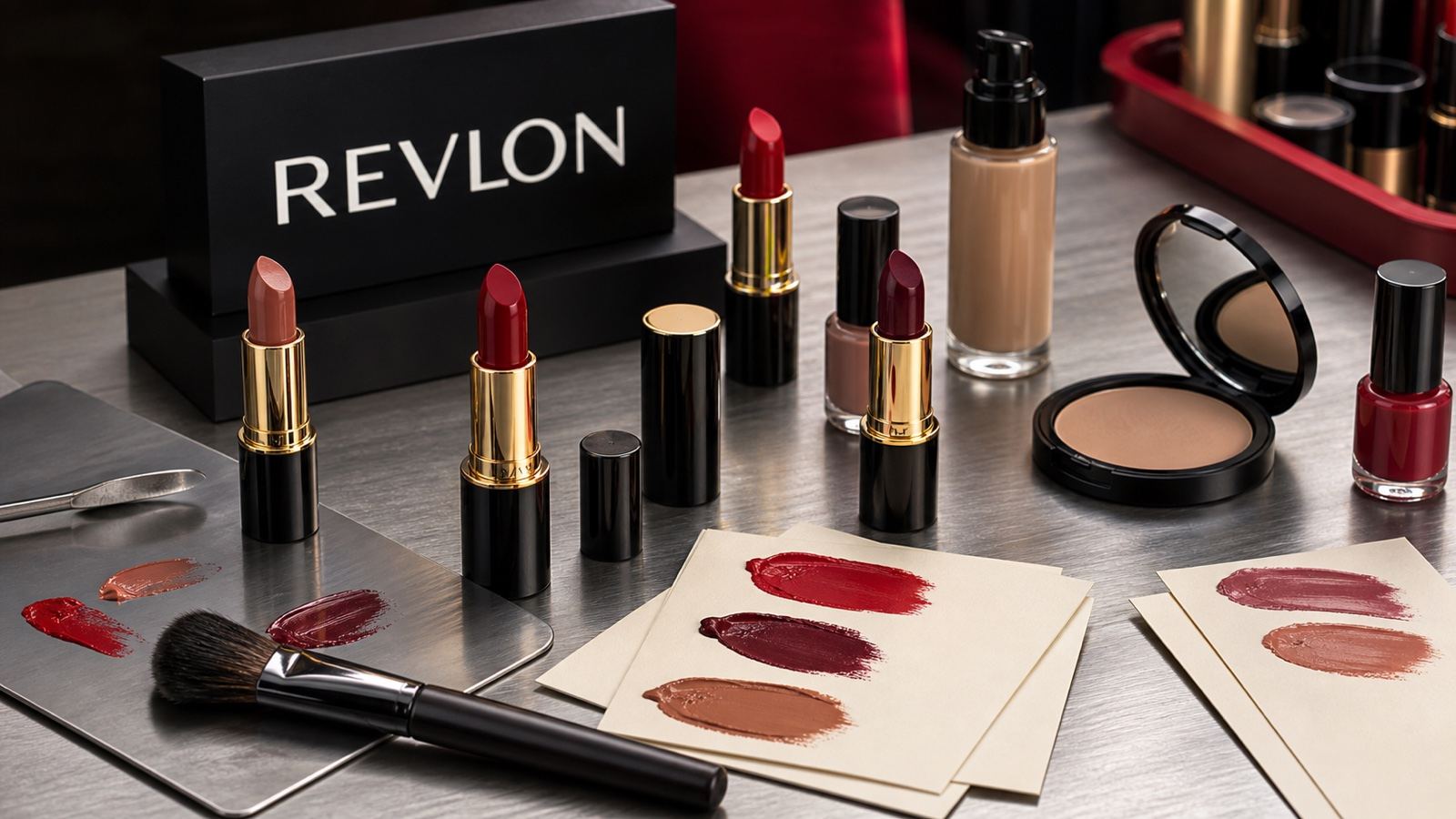 Revlon lip, nail, and face color displayed by finish and shade in a precise red and black beauty environment.