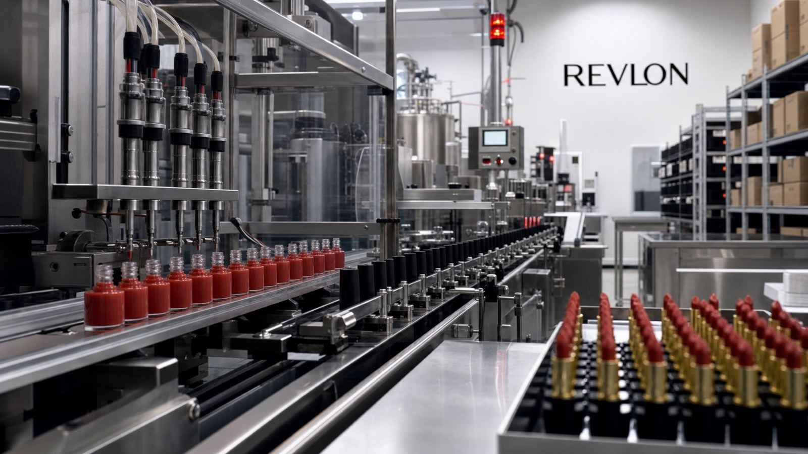 A Revlon cosmetics production and quality-control line with lipstick components and color testing.