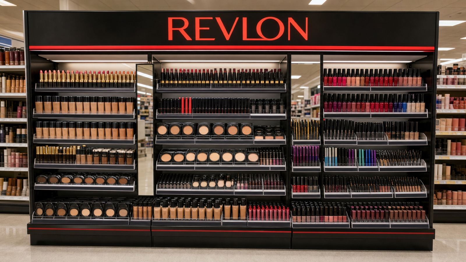 A realistic Revlon retail shelf being restocked with organized cosmetics and clear brand signage.