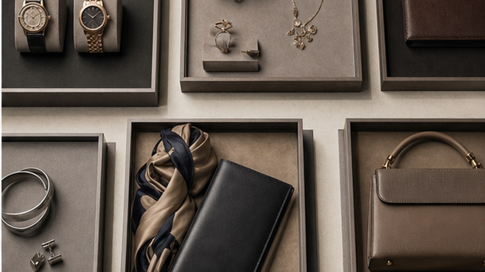 Separate watch, jewelry, and leather-goods materials arranged in distinct groups.