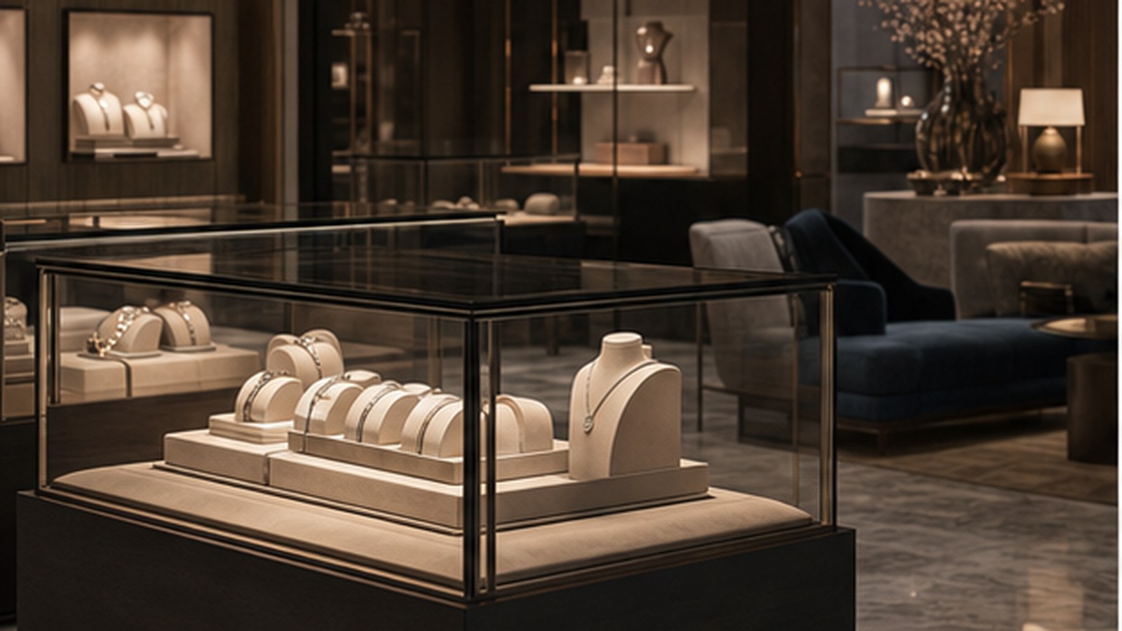 Fine jewelry displayed inside a softly lit luxury salon.