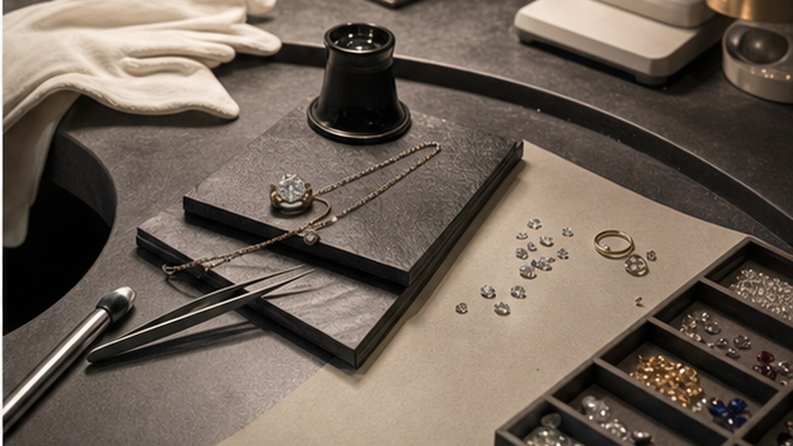 Gemstones and fine jewelry tools arranged at a craft bench.