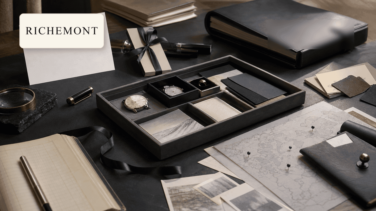 Premium editorial still-life of a Richemont luxury maison portfolio case with Richemont source-mark card, maison portfolio tray, unlabeled watch dial, jewelry box silhouette, fountain pen cap, leather swatches, fragrance blotter cards, retail map pins, inventory ledger, governance binder, acquisition cards, and satin ribbon