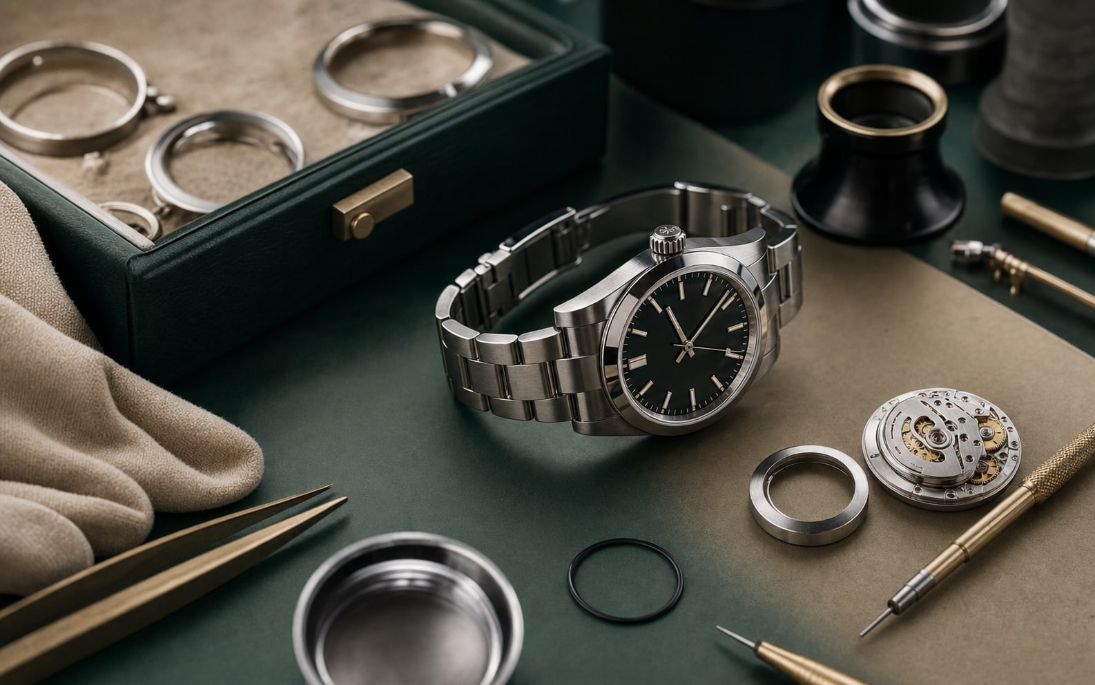 High-end watchmaker bench with luxury watch proof objects in green, gold, steel, and black.