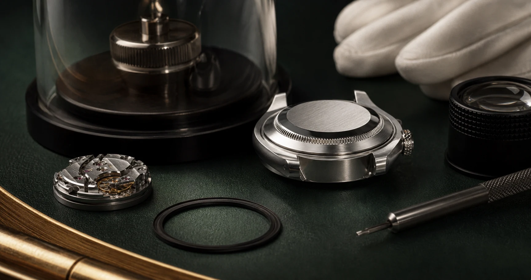 Generated macro still-life of a luxury watch case, gasket, movement, loupe, pressure-test form, and watchmaking tools without visible text or logos.