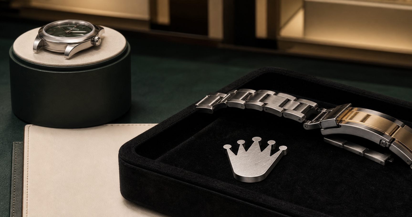 Generated luxury recognition scene with watch bracelet links, green surface, black tray, cream display, and metal crown-shaped charm without visible brand words.