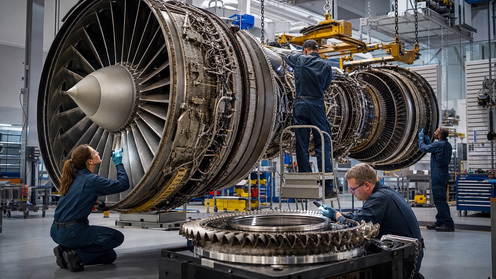 Engineers inspect a widebody turbofan during overhaul in a clean maintenance facility.
