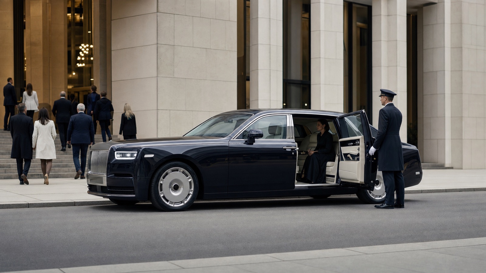 Rolls-Royce Phantom in a quiet architectural setting with formal proportions and polished grille.