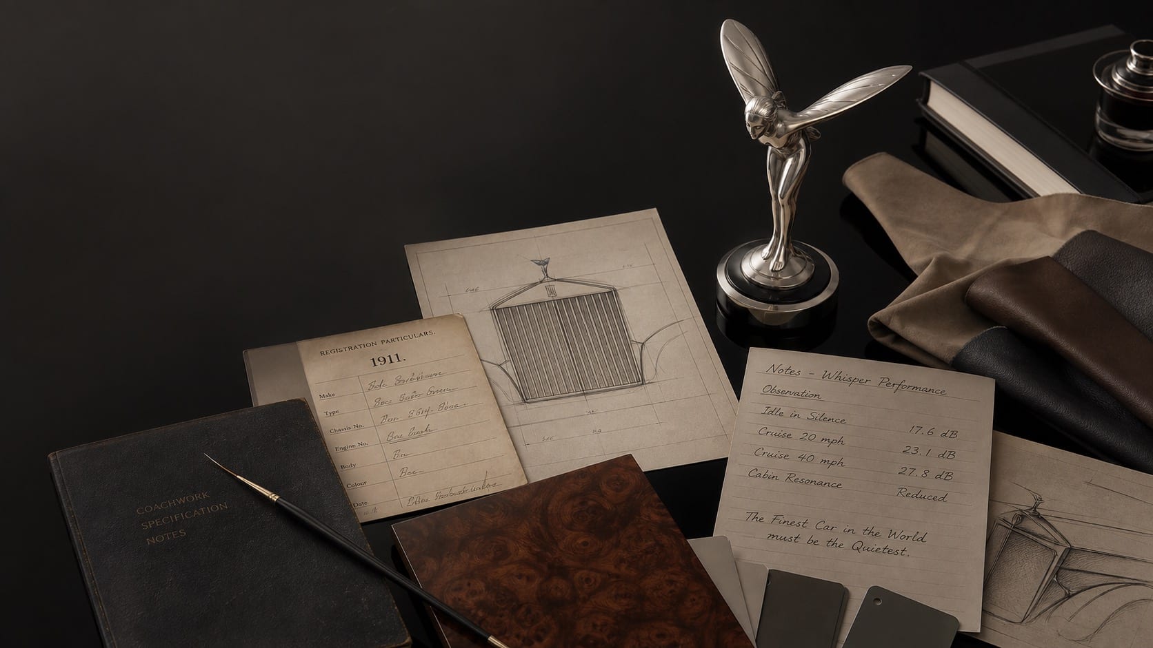 Premium editorial still-life of a Rolls-Royce silent-luxury case with silver flying-figure mascot study, upright grille sketch, 1911 card, whisper notes, leather and veneer samples, coachline brush, and black lacquer reflections