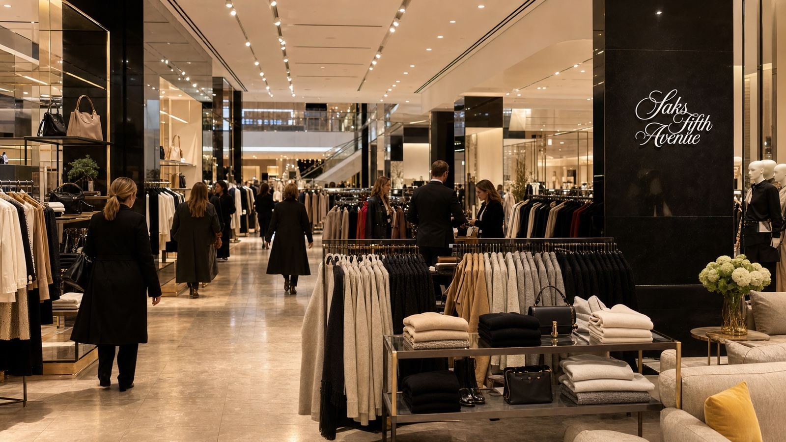 A branded Saks Fifth Avenue designer floor with precise merchandising, black signage, and full-price product.
