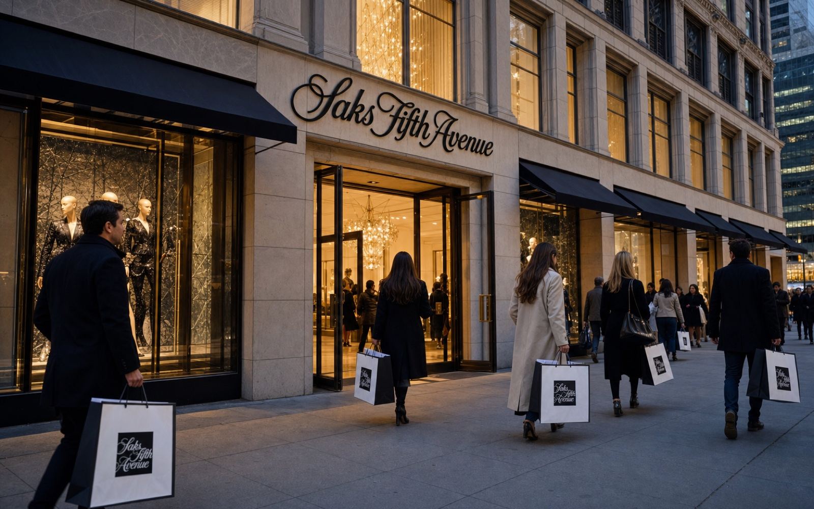 A realistic Saks Fifth Avenue flagship entrance with black script signage, luxury windows, and evening shoppers.