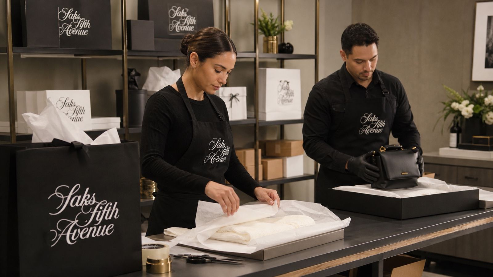 A Saks Fifth Avenue luxury ecommerce fulfillment area with careful packing and client-service checks.