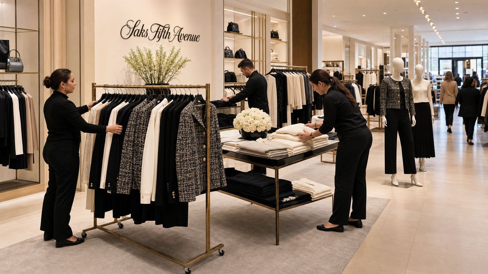 A Saks Fifth Avenue store floor being reset after restructuring with a smaller edited assortment.