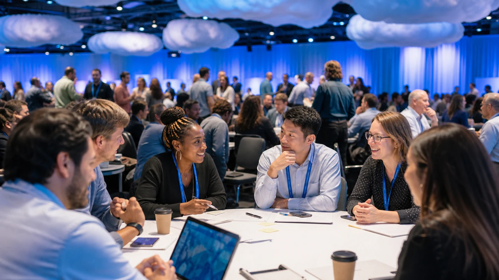 Salesforce community workshop under cloud-shaped event lighting.