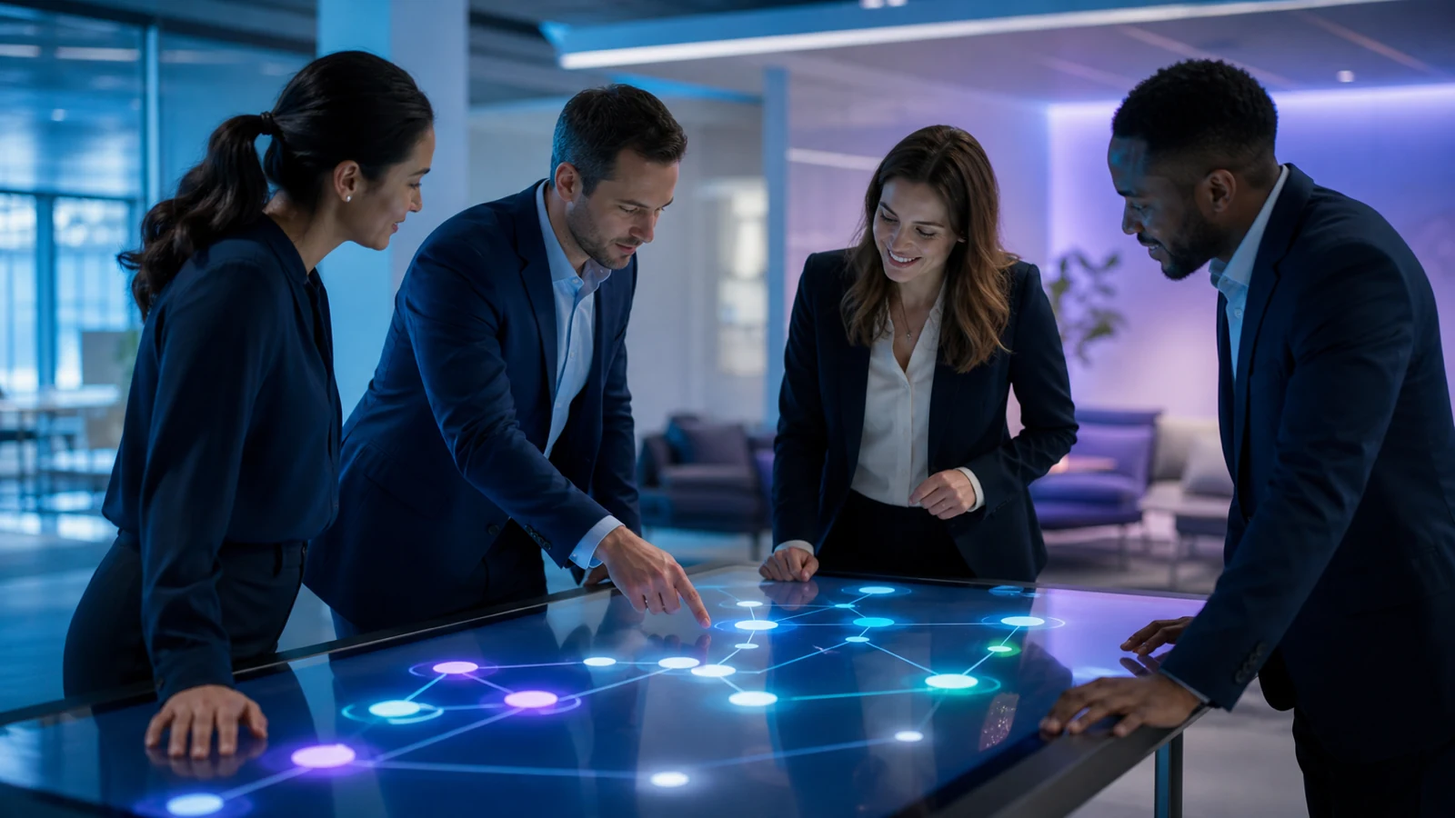 Colleagues review customer work together around a meeting table.