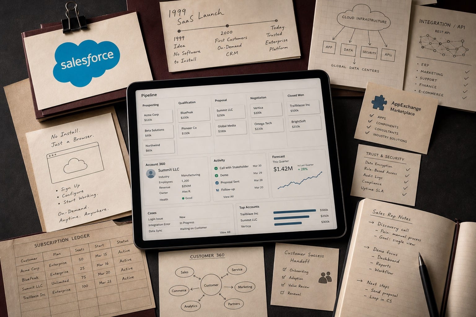 Premium editorial still-life of a Salesforce cloud CRM platform case with a Salesforce source-mark card, central abstract CRM dashboard, sales pipeline cards, account record tiles, forecast chart, subscription ledger, browser access memo, customer 360 map, integration diagram, AppExchange card, trust checklist, and customer success notes