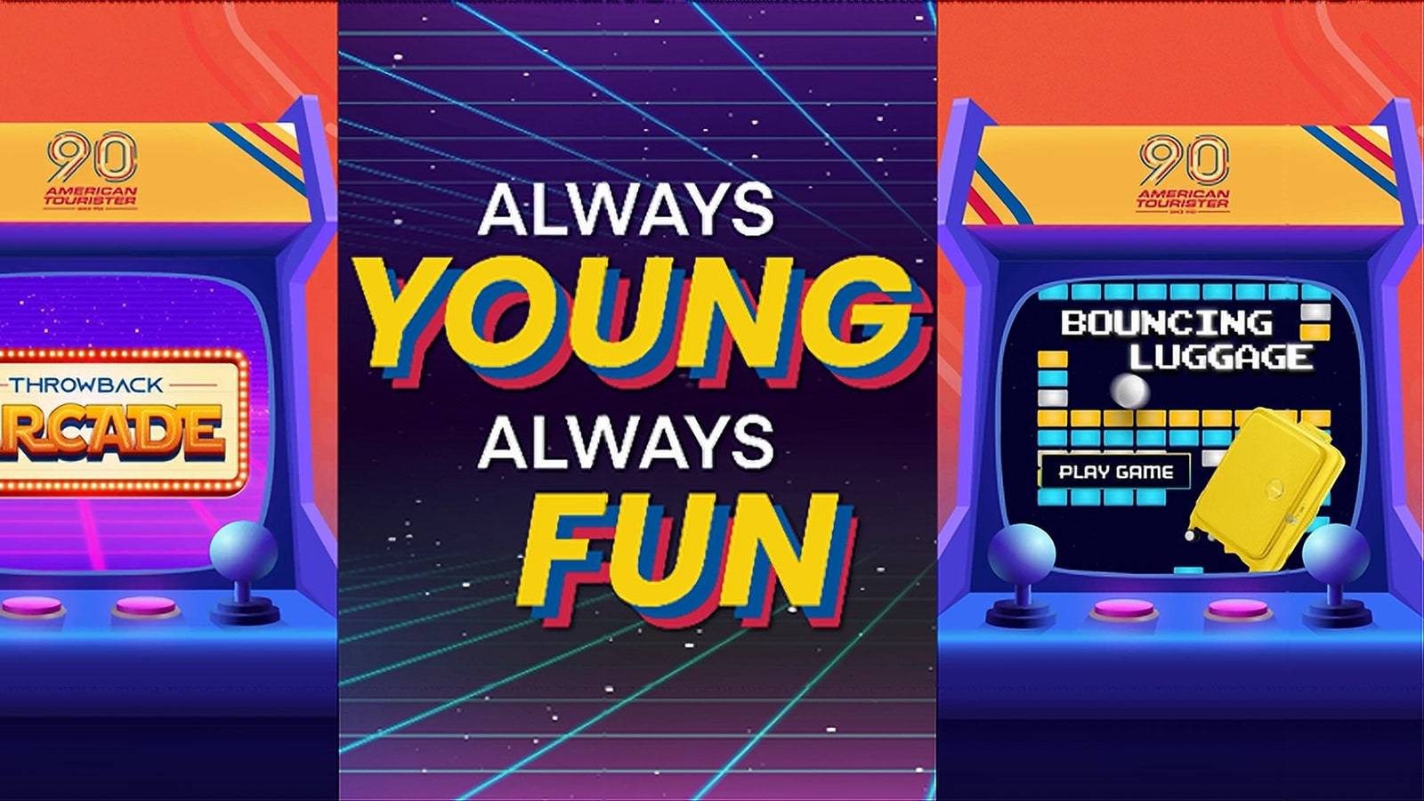 American Tourister anniversary campaign graphic with colorful luggage cues.