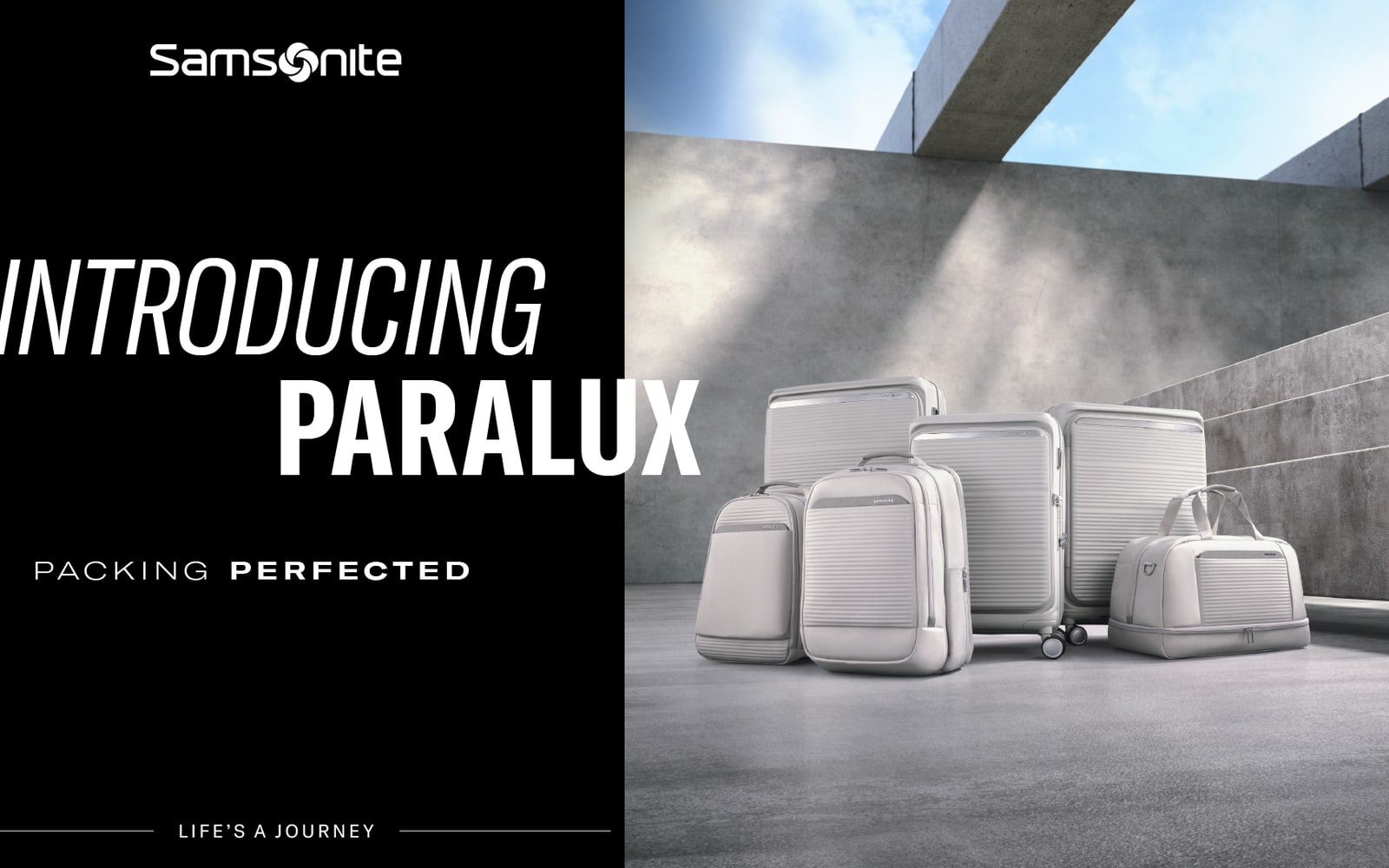 Samsonite Paralux luggage campaign showing modern travel bags and suitcase system.