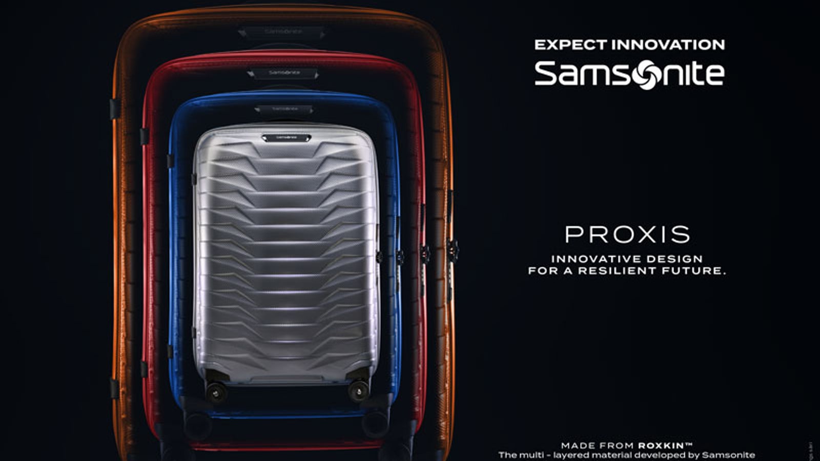 Samsonite Proxis suitcase campaign with modern shell design.