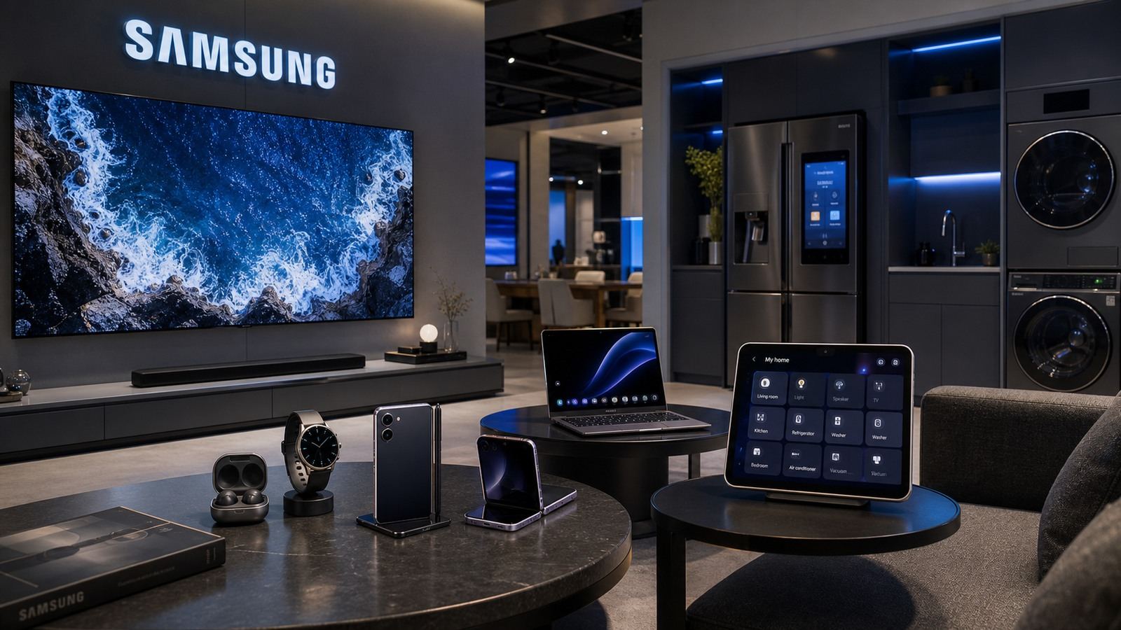 Samsung connected-home proof visual with TV, Galaxy devices, laptop, appliance surfaces, wearables, and home-control screen.