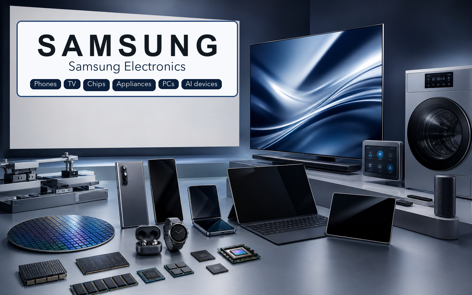 Photorealistic Samsung Electronics product-family scene with official Samsung wordmark, phones, foldable, TV/display, appliance, chips, wafer, PC, wearables, and AI-device cue.