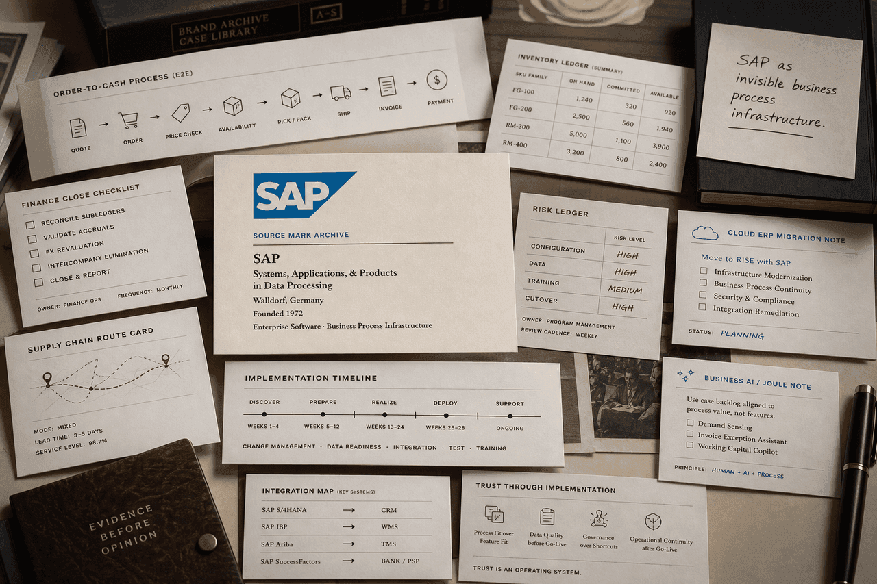 Premium editorial still-life of an SAP trust system case with SAP source-mark card, order-to-cash process strip, inventory ledger, finance close checklist, supply-chain route card, implementation timeline, cloud ERP migration note, Business AI note, and cutover risk ledger