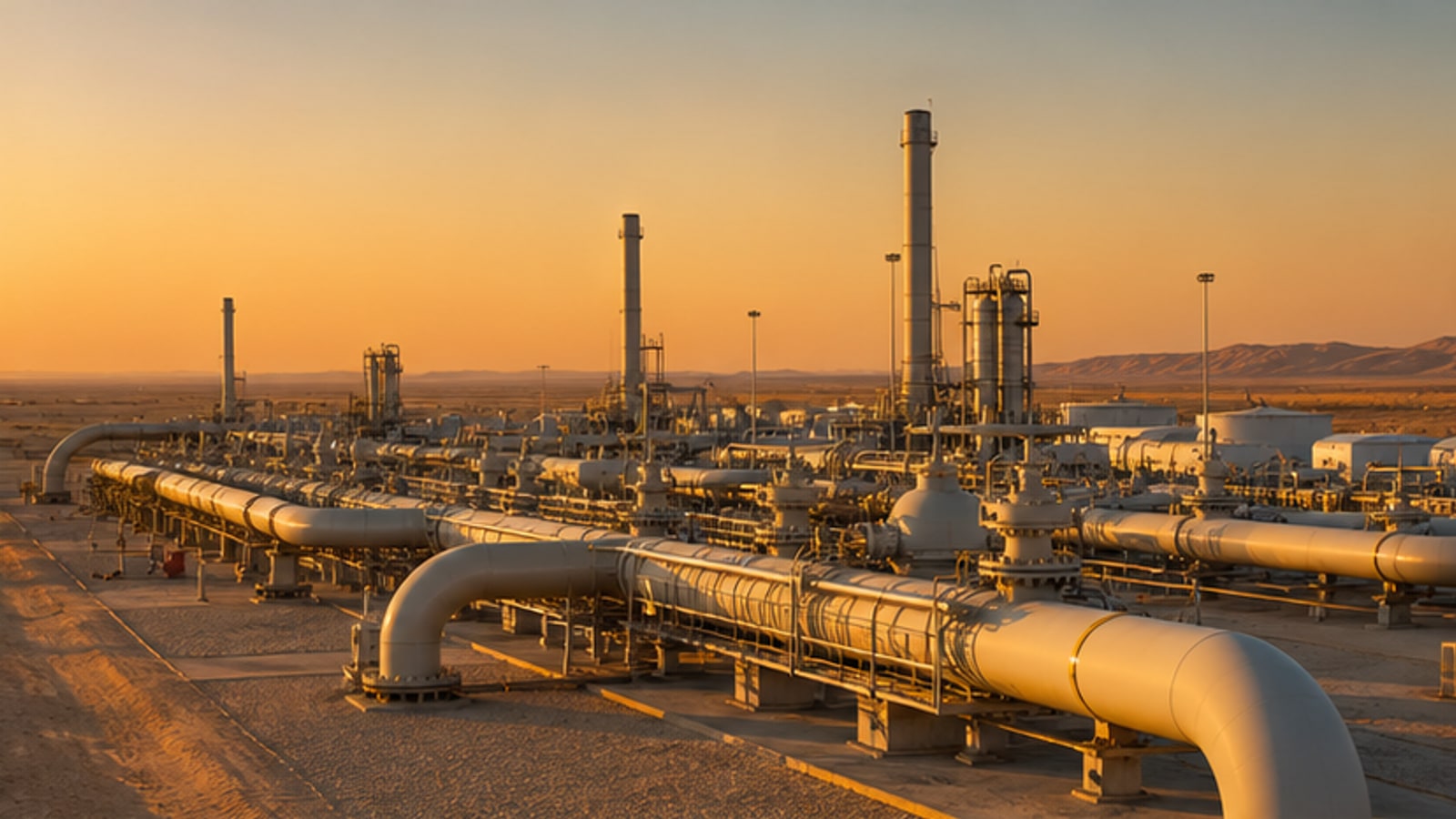Photorealistic gas pipeline and compressor infrastructure across desert terrain.