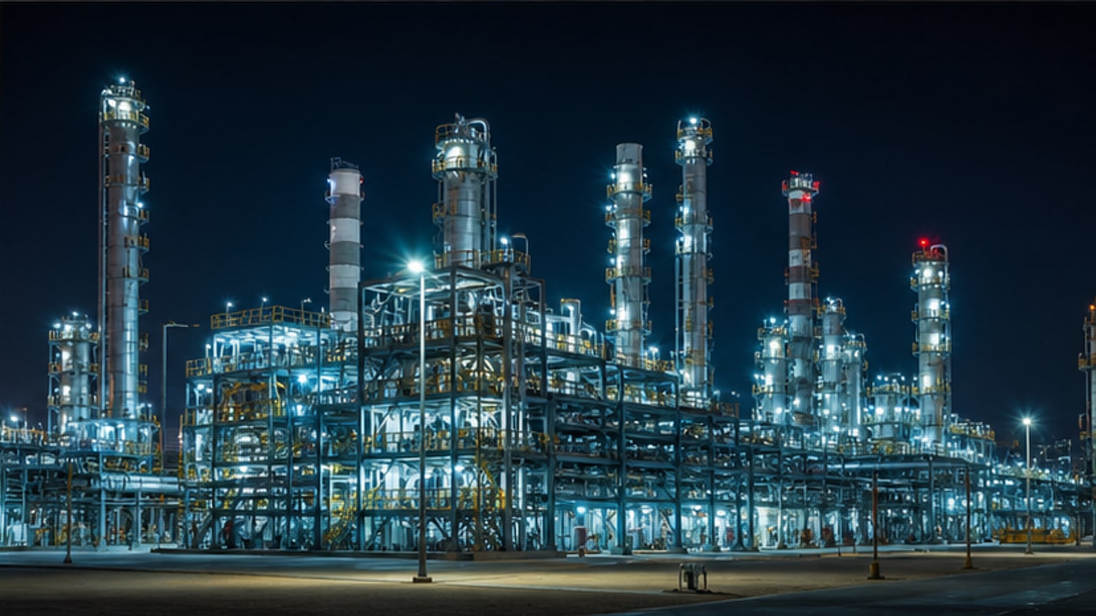 Photorealistic night refinery with sharp industrial structure and controlled lighting.