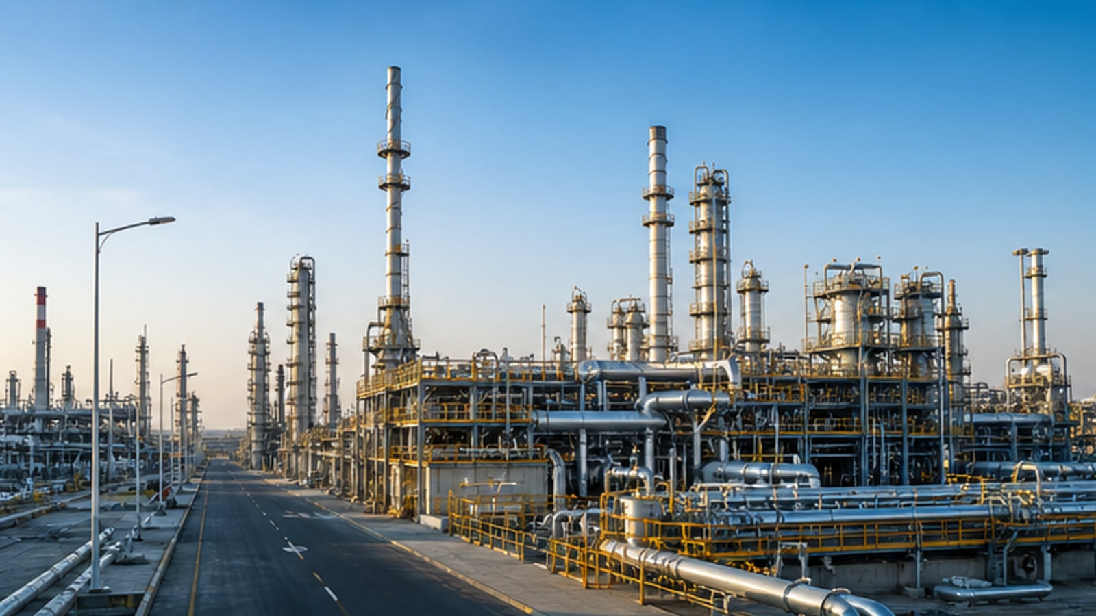 Photorealistic modern refinery with detailed pipes and process towers in daylight.