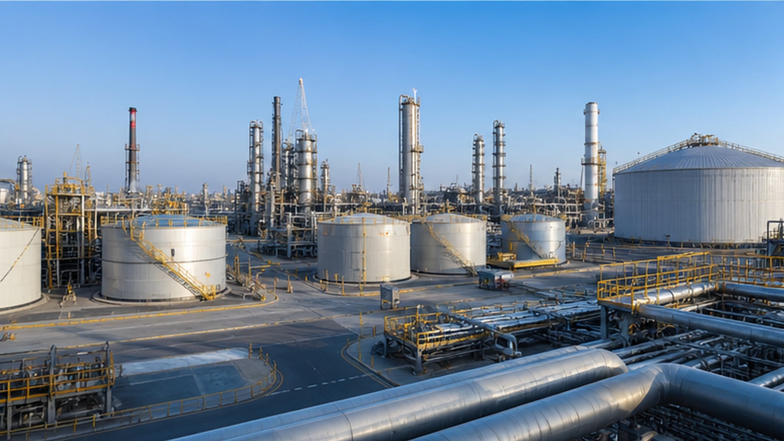 Photorealistic petrochemical plant and storage tanks in bright daylight.