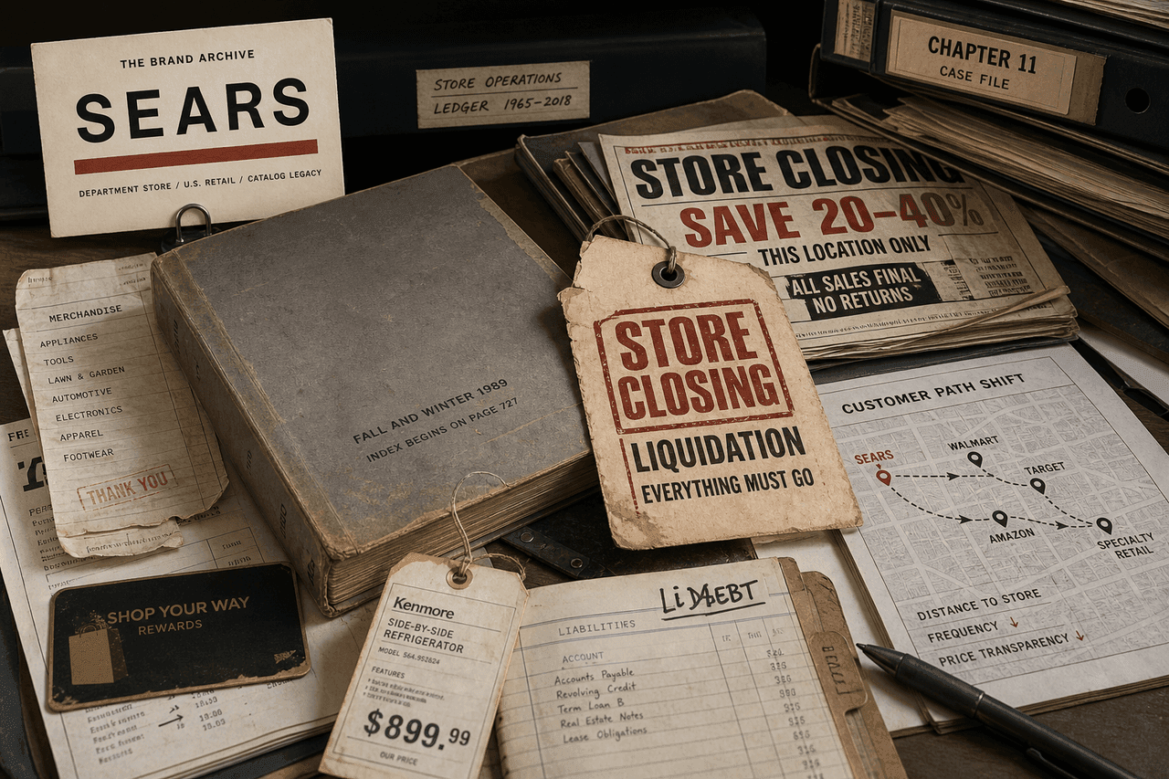 Premium editorial still-life of a Sears failed-brand case with catalog, appliance tag, store-closing notice, Chapter 11 folder, debt ledger, receipt, and customer path map