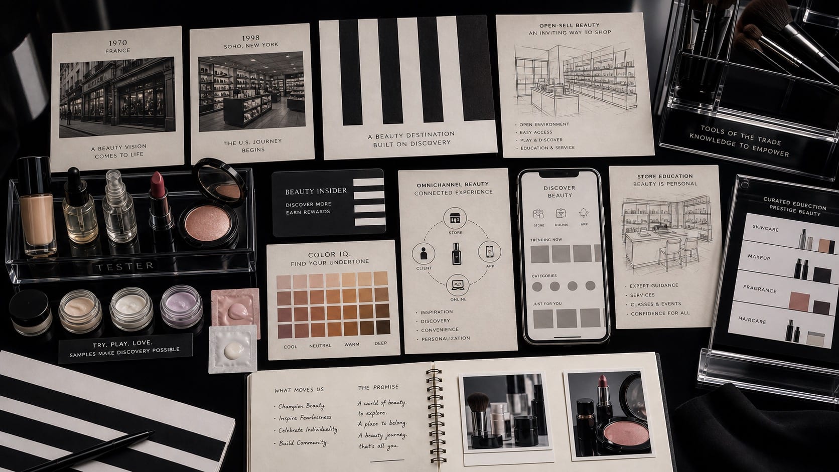 Premium editorial still-life of a Sephora open-sell beauty retail case with striped wordmark card, France founding card, SoHo store card, fixture diagram, tester tray, sample jars, loyalty card, Color iQ skin-tone grid, app wireframe, and brand shelf tags