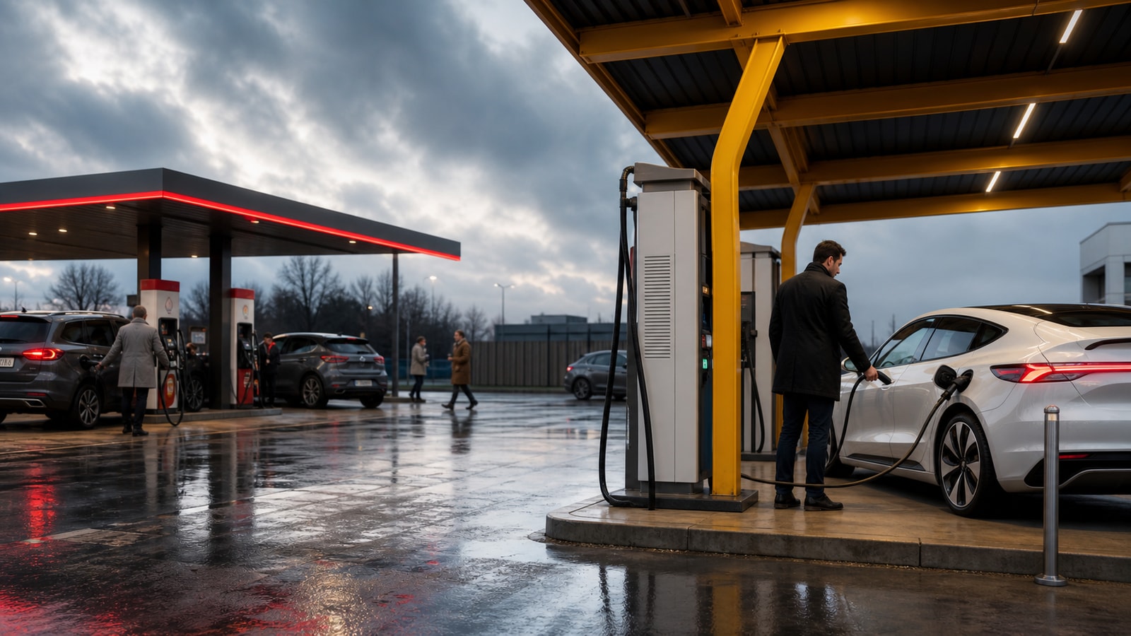 Electric vehicle charging bays under a modern yellow and red forecourt canopy.